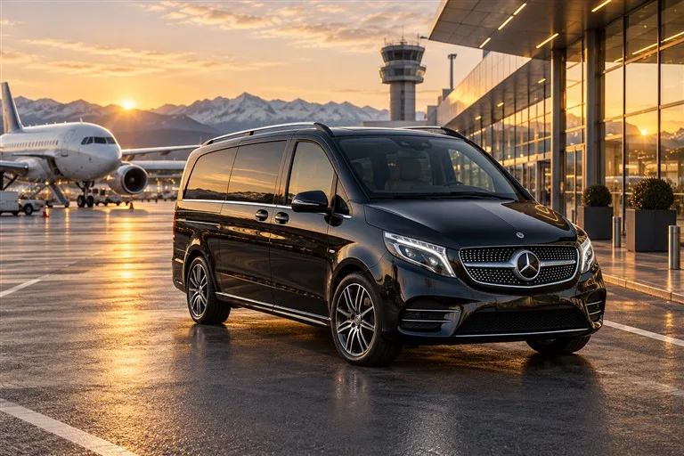 Black luxury van at an airport terminal