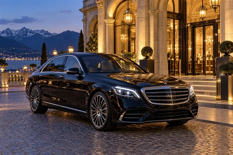 Black executive sedan outside an illuminated luxury hotel