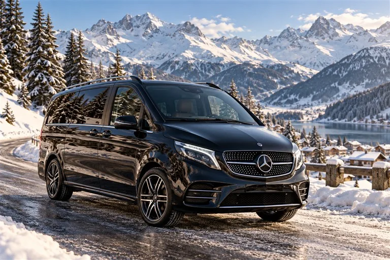 Black luxury van in the snowy Swiss Alps